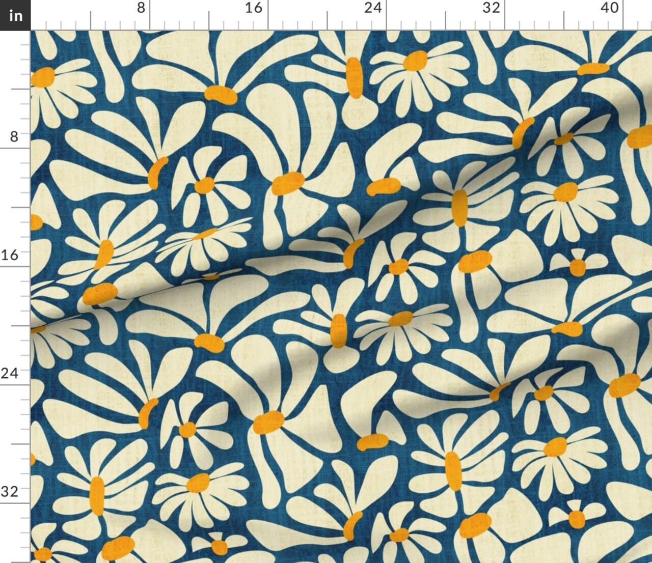 Daisy Retro Abstract Floral Botanical Block Print Style 70S 60S Vintage Blue Cream Yellow Custom Printed Fabric by Spoonflower Various Fabrics by the Yard or Fat Quarter 13488971